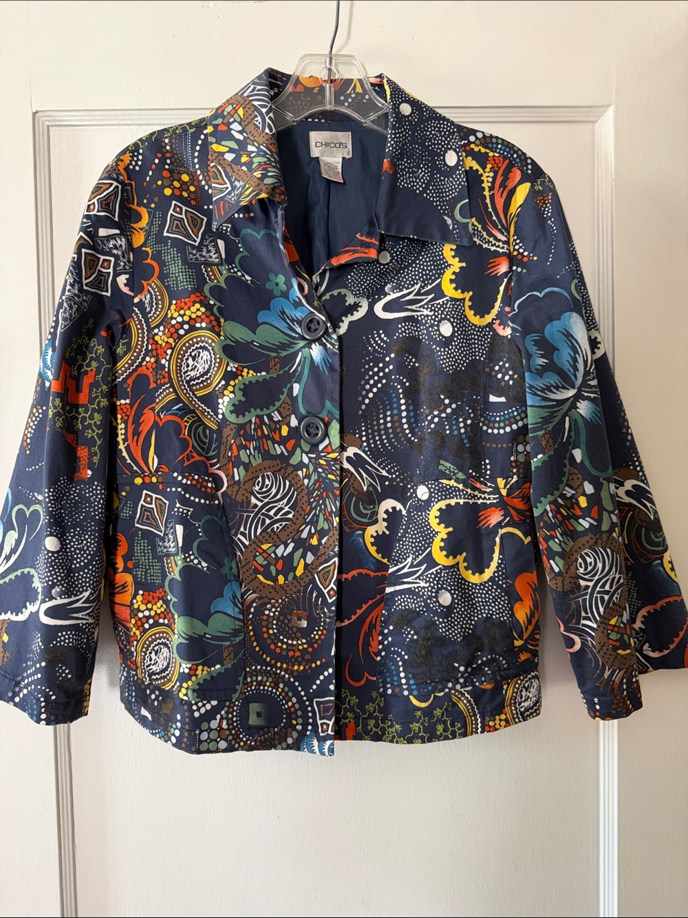 Chico's Navy Multicolor Floral-Print Button Jacket